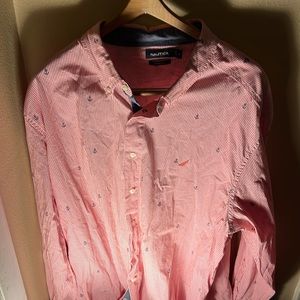 Nautica Mens LS Striped Anchor Print Button Down Shirt Color Pink/White Size 3XL